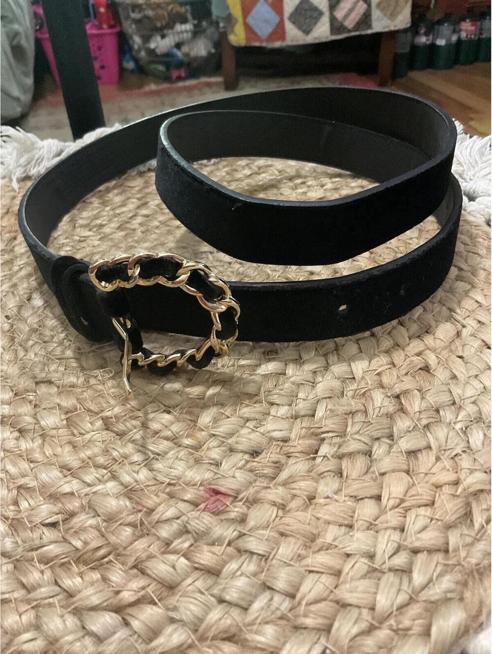 Black Velvet Belt with Gold Chain Link Buckle
